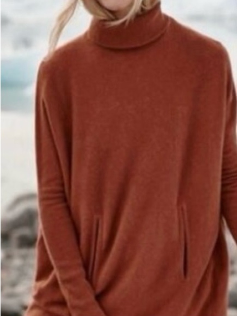 Garnet Hill Wool Cashmere Turtle Neck Longline Sweater Dress in Rust. Size L